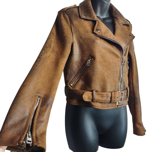 Bershka Women's Size Medium Brown Faux Suede /Leather Cropped Jacket ZIP Up Belt - Picture 5 of 8